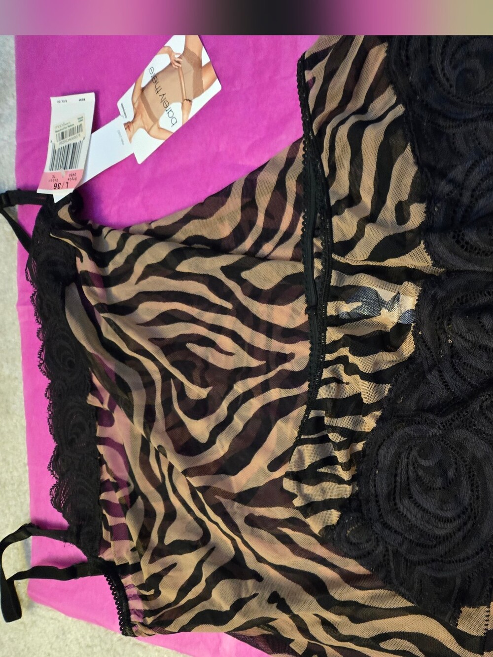 barely there 2 Piece Black & Tan Zebra-Print Sheer Lace-Trim Chemise